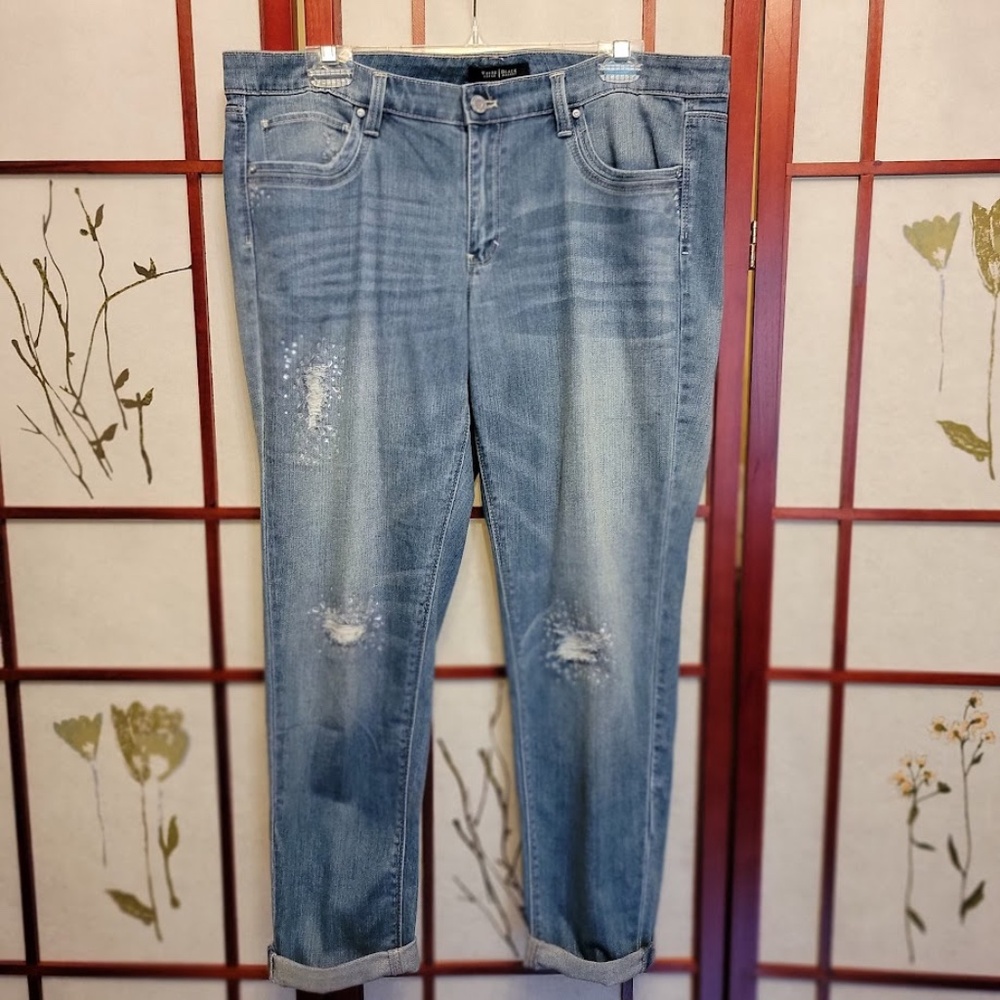 WHBM Mid Rise Destructed Girlfriend Jeans Embellished with Rhinestones - Sz. 14